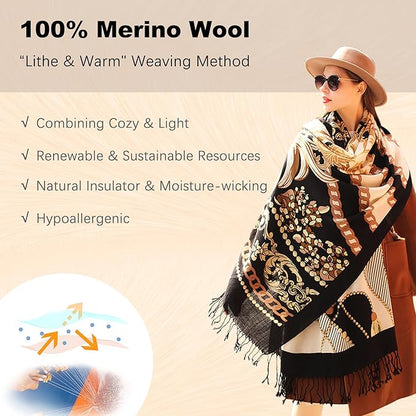 DANA XU 100% Merino Wool Pashmina Shawl for Women 96"x43", Oversized Cashmere Wrap with Tassels, Floral Travel Blanket Cape