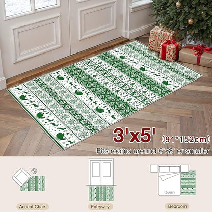 Abstract Living Room Rug 3X5 - Modern Washable Christmas Soft Thin Area Rug for Living Room Bedroom Under Dining Table - Neutral Indoor Floor Rug Carpets for Home Office Playroom Nursery - Green