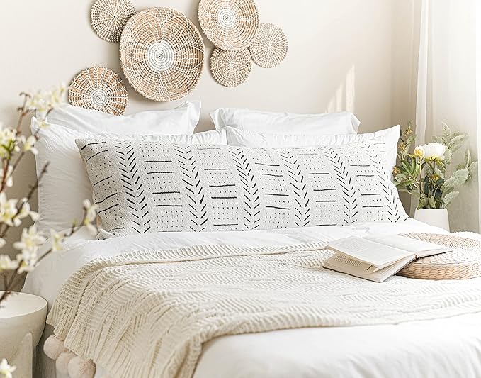 BlissBlush White Soft Chenille Boho Body Pillow Cover 20x54, Decorative Oversized Long Lumbar Pillow, Boho Textured Oversize Body Pillow, Cover ONLY