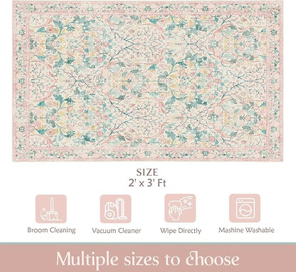 MUJOO 2x3 Washable Rug,Pink Floral Small Area Rugs for Bathroom Entryway Entry Bedroom Bedside,Boho Front Door Mat Indoor Entrance Throw Carpet Botanical Vintage Non Slip Ultra-Thin