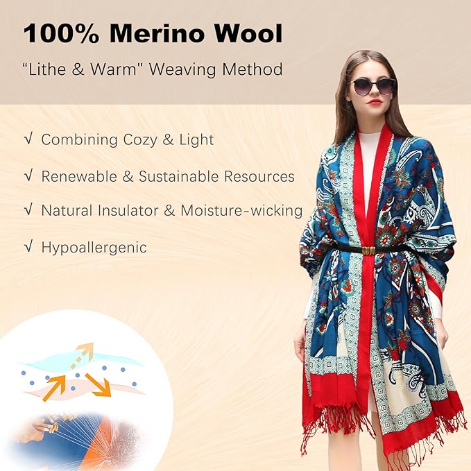 DANA XU 100% Merino Wool Extra Large Pashmina Blanket Travel Scarf Cashmere Wrap for Women Fall Winter Oversize Shawl Floral