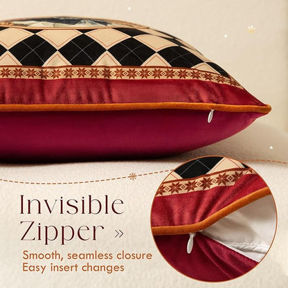 Grandmillennial Checkered Pillow Cover, Velvet Euro Sham Covers Decorative Throw Pillow Covers 18x18 for Couch Sofa Bed Living Room, Christmas & Holiday