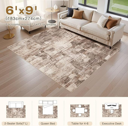 Abstract Living Room Rug 6x9 - Modern Washable Soft Thin Area Rug for Living Room Bedroom Under Dining Table - Neutral Indoor Floor Rug Carpets for Home Office Playroom Nursery - Brown