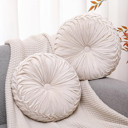 2 Pcs Round Throw Pillows 15 Inch Decorative Velvet Pleated Pumpkin Floor Boho Pillows for Living Room Couch Chair Bed Sofa (Ivory)
