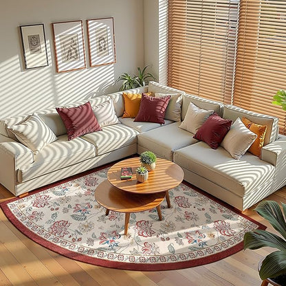 jinchan Elora Floral Corner Rug for Washable Nursery Rug Vintage Romance Christmas Design Non Slip Quarter Circle Lightweight Low-Pile Throw Carpet for Playroom Nook Office, 5ft Radius, Red/Beige
