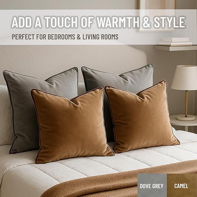 2 Pack Velvet Decorative Throw Pillow Covers, 20"x20", Camel and Brown, Solid, Modern, Contrast Piping, Indoor Use, Bedroom & Living Room