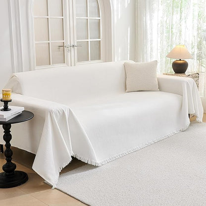MYSKY HOME Sofa Covers for 2 Cushion Couch L Shaped Couch Cover Washable Couch Cover with Tassels Boho Couch Cover Non Slip Super Universal Soft Sofa Slipcover for Kids, Dogs, Pets, 71"x118", White