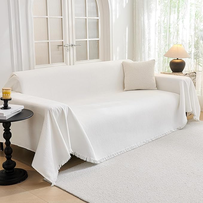 MYSKY HOME Couch Covers for Pets Thick Chenille White Cream Sofa Slipcover with Tassel Non Slip Soft Couch Sofa Cover, Washable Furniture Protector Sofa Slipcover with Tassel for Kids, Dogs, 91"x118"