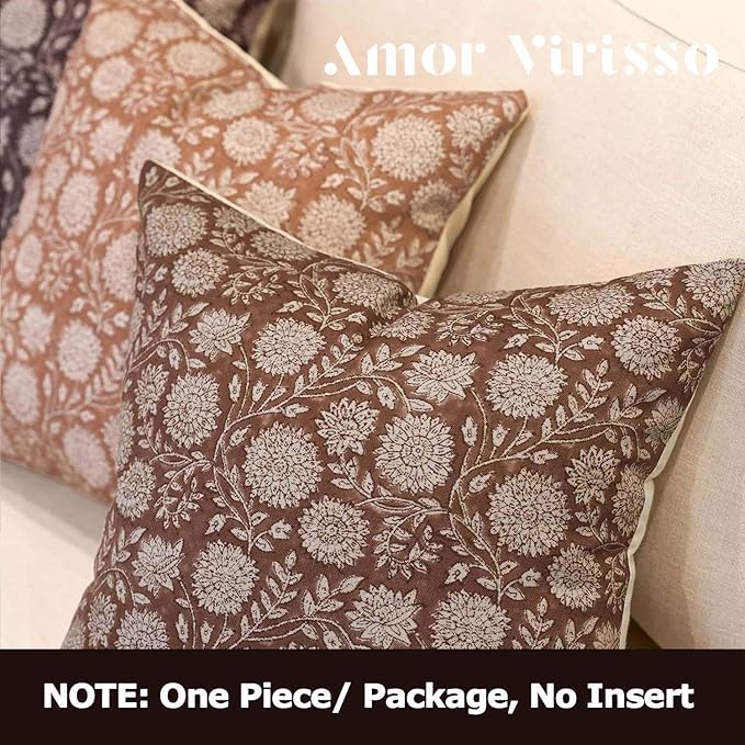 Amor Virisso Floral Pillow Covers 20x20 Throw Pillow Covers Vintage Block Print Pillow Cover Neutral Couch Pillows for Living Room Farmhouse Decorative Accent Sofa Pillows, Brown