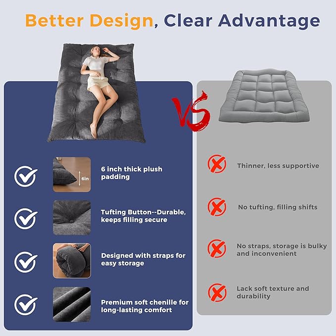 MAXYOYO Japanese Floor Mattress Queen Size, 6" Foldable Futon Mattress Tufted Roll Up Floor Bed, Thick Chenille Tatami Mat Sleeping Pad for Camping Guest Room Dormitory Bedroom RV, Dark Grey