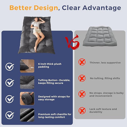 MAXYOYO Japanese Floor Mattress Queen Size, 6" Foldable Futon Mattress Tufted Roll Up Floor Bed, Thick Chenille Tatami Mat Sleeping Pad for Camping Guest Room Dormitory Bedroom RV, Dark Grey