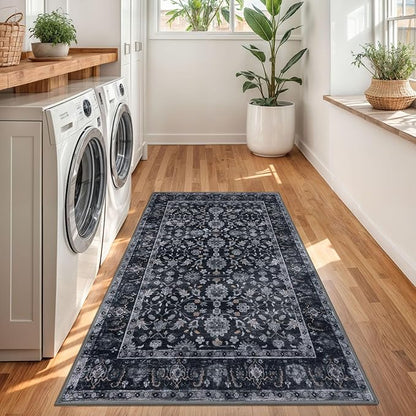 KUTA 3x5 Rugs for Entryway, Vintage Floral Area Rug Washable Non-Slip Black Grey Orange Ultra Thin Soft Printed Distressed Entry Low-Pile Throw Carpet for Bedroom Nursery Living Room