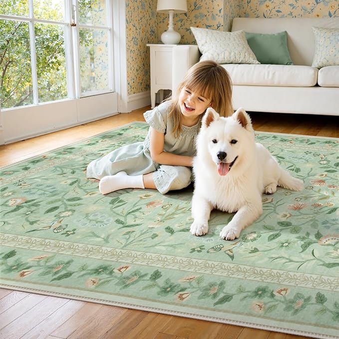 Lahome Floral Washable Area Rugs 8x10, Non-Slip Living Room Carpet Soft Tumble Washable Rugs for Bedroom Nursery, Vintage Botanical Print Carpet for Classroom Kids Room Dining Room, Sage