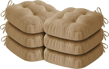 Chair Cushions for Dining Chairs, Dining Chair Cushions, Tufted Indoor Chair Pads with Ties & Non Slip Backing, Seat Cushions for Kitchen Chairs 16.5” x 16.5” x 3.5”, Set of 6, Khaki