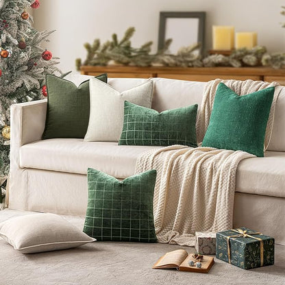 MIULEE Christmas Decorative Pillow Covers 18x18, 2 Pack Boho Farmhouse Neutral Throw Pillows for Couch, Thick Textured Modern Linen Cushion Cases Sofa Bed Living Room Home Decor, Dark Green