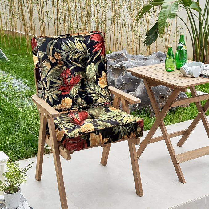 ARTPLAN Outdoor Seat Cushions Cearance for Wcker Chairs,19"x19" Set of 2 Patio Square Chair Cushions for Outdoor Furniture,with Ties 5" Extra Thick，Black Floral