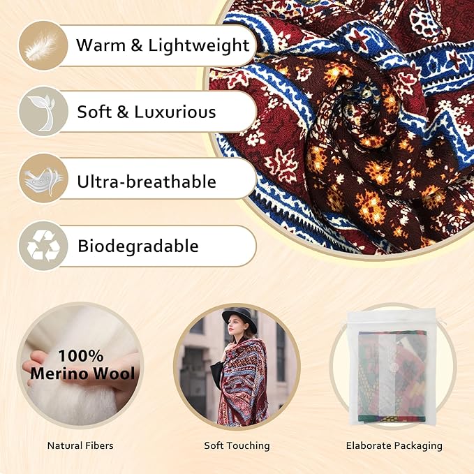 DANA XU 100% Merino Wool Extra Large Pashmina Blanket Travel Scarf Cashmere Wrap for Women Fall Winter Oversize Shawl Floral
