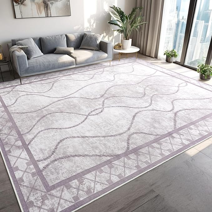 Area Rugs 6x9 Washable Rug, Non-Slip Rugs for Living Room, Low Pile Bordered Rugs Alfombras, Large Print Rubber Backing Indoor Carpet for Home Decor Bedroom Nursery Dining Room, Purple