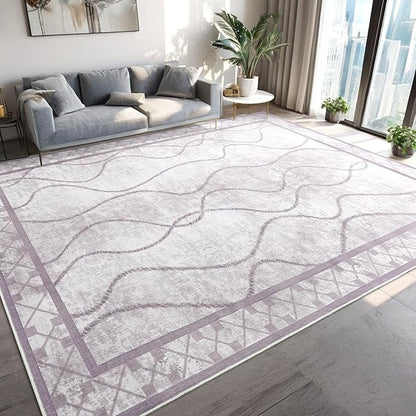 Area Rugs 6x9 Washable Rug, Non-Slip Rugs for Living Room, Low Pile Bordered Rugs Alfombras, Large Print Rubber Backing Indoor Carpet for Home Decor Bedroom Nursery Dining Room, Purple