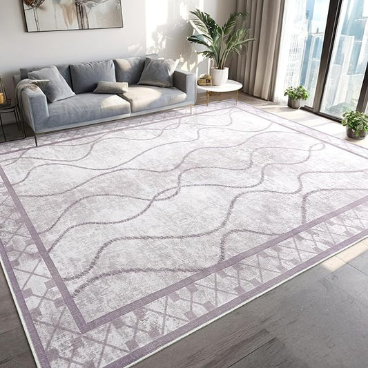 Area Rugs 6x9 Washable Rug, Non-Slip Rugs for Living Room, Low Pile Bordered Rugs Alfombras, Large Print Rubber Backing Indoor Carpet for Home Decor Bedroom Nursery Dining Room, Purple