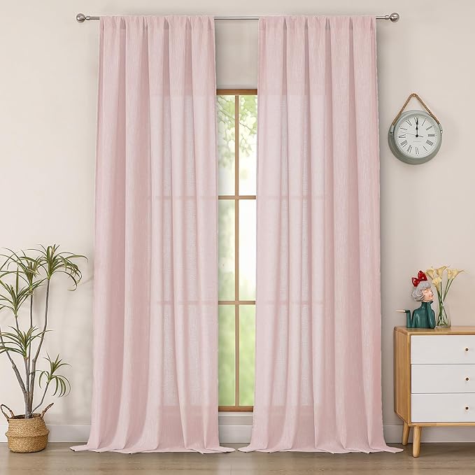 Simplebrand Blush Faux Linen Textured Semi Sheer Curtains 108 Inches Long 2 Panels for Living Room, Privacy Extra Long Light Filtering Farmhouse Thick Window Drapes for Large Window, 50 x 108 Inch
