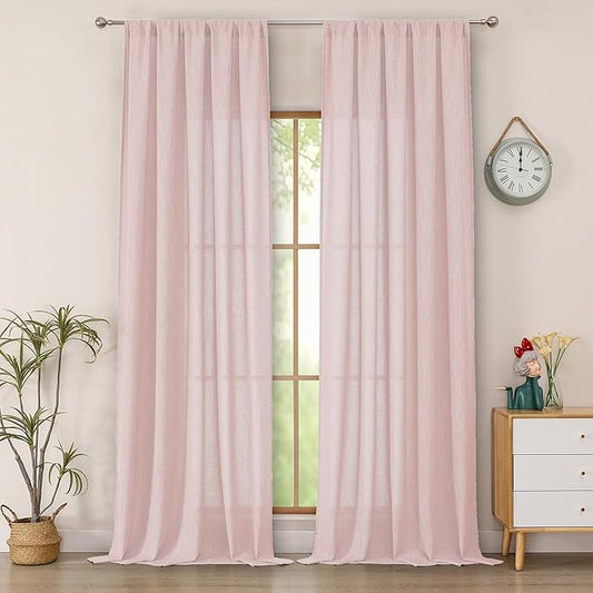 Simplebrand Blush Faux Linen Textured Semi Sheer Curtains 108 Inches Long 2 Panels for Living Room, Privacy Extra Long Light Filtering Farmhouse Thick Window Drapes for Large Window, 50 x 108 Inch