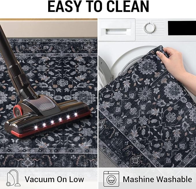 KUTA Vintage 8x10 Area Rugs for Living Room, Washable Large Rug for Bedroom 8ft x 10ft Non-Slip, Black Grey Orange Ultra Thin Soft Printed Traditional Floral Distressed Dining Room Low-Pile Carpet