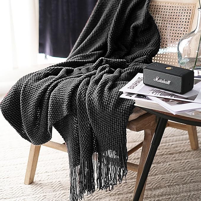 LOMAO Knitted Throw Blanket with Tassels Bubble Textured Lightweight Throws for Couch Cover Home Decor (Black, 50x60)