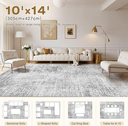 Abstract Living Room Rug 10x14 - Modern Washable Soft Thin Area Rug for Living Room Bedroom Under Dining Table - Neutral Indoor Floor Rug Carpets for Home Office Playroom Nursery - Grey White