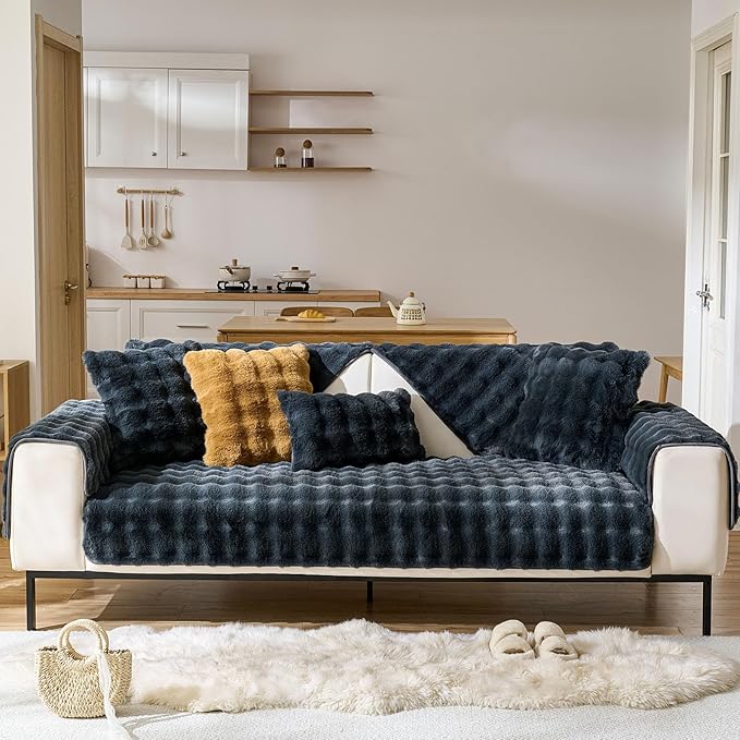 Faux Fur Decorative Throw Pillow Cover Plush Thick Bubble Pillow Covers Luxury Soft Cozy Accent Pillowcase for Spring Sofa Living Room Couch Bed (Dark Grey,12"x20")