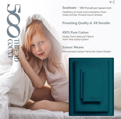 Mayfair Linen 500 Thread Count Twin Cotton Sheets - 3 PC Twin Size Bed Sheet Set Cotton (Teal), Ultra Soft, Cooling, Sateen Hotel-Quality 16" Deep Pocket Bedsheet for Hot Sleepers (Fits 18" Mattress)