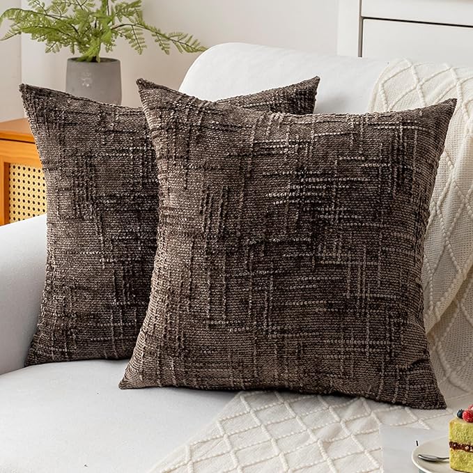 Decorative Throw Pillow Covers 16x16 Inch Set of 2, Soft Solid Farmhouse Chenille Couch Pillows, Spring Pillow Covers for Couch Sofa Bed Living Room Home Decor Pillowcase, Brown