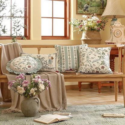 Square Throw Pillow Covers Pack of 2,Green Cozy Velvet Farmhouse with Birds and Flowers Pattern Pillowcases,Decoration Pillows Cushion Covers for Couch Sofa Bed Car Chair,18"x18"