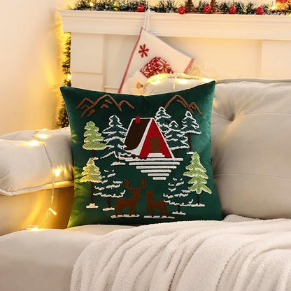 LUOYEHK Christmas Green Pillow Covers 18x18 Set of 2 House and Deer Decorative Pillow Cases Winter Holiday Velvet Embroidered Cushion Covers for Couch Sofa Bed