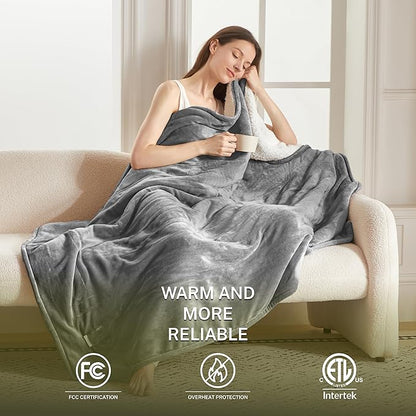 Heat Blanket 72”x84” Full Size,Soft Flannel & Sherpa Reversible Electric Blanket with 10 Heat Settings,12 Timer Setting and 8 Hours Auto-Shut Off,ETL Certified Machine Washable,Light Grey