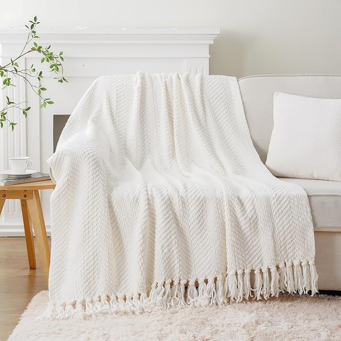 BATTILO HOME Cream Throw Blanket for Couch, Textured Knitted Throw Blanket with Tassels, Couch Cover Blanket Warm Decorative White Throw Blankets for Sofa Living Room, 60" x 80"