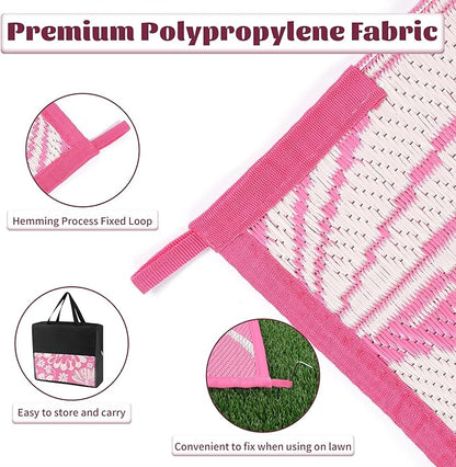 Ileading Outdoor Plastic Straw Rug 6x9ft Funny Floral Style Reversible Patio Area Rugs Waterproof Non Shedding Portable Carpets for Rv Outside Deck Pool Beach Picnic Camping (Pink)