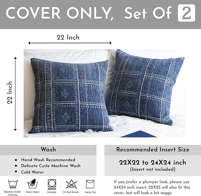 BlissBlush Dark Blue Decorative Throw Pillow Covers 22X22, Set of 2, Boho Farmhouse Cushion Cover, Cozy Soft Accent Pillowcase for Couch Sofa Bed Living Room Home Décor