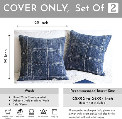 BlissBlush Dark Blue Decorative Throw Pillow Covers 22X22, Set of 2, Boho Farmhouse Cushion Cover, Cozy Soft Accent Pillowcase for Couch Sofa Bed Living Room Home Décor