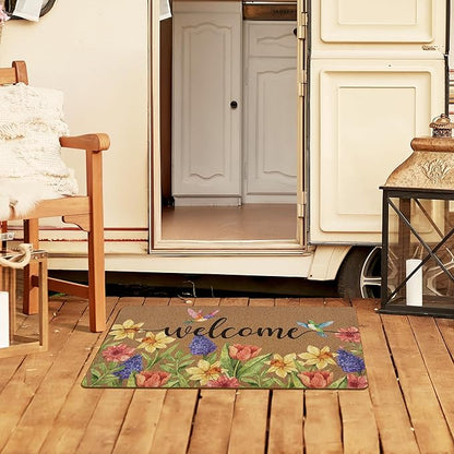 Spring Colorful Floral Birds Door Mat, Flower Welcome Front Door Mat Indoor Outdoor Entrance, Rustic Botanical Artificial Coir Doormat Rugs for Patio Entry Kitchen Decor 30x17in