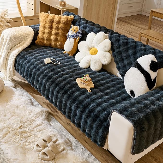 Faux Fur Couch Cover Fuzzy Soft Plush Thick Bubble Sofa Cover Luxury Sectional Couch Covers Luxury Anti-Slip Sofa Slipcover Washable Furniture Protector (Dark Grey,28"x70")