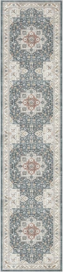 Vintage Hallway Runner Rug 3x14: Large Soft Washable Entryway for Kitchen Laundry Room Non-Slip Backing Runner for Entrance Living Room Bedroom Bathroom - Vintage Blue