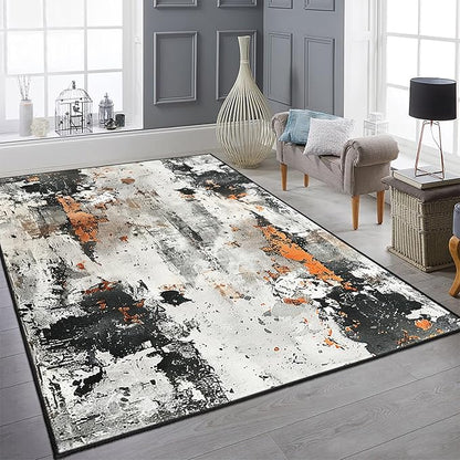 9CH Abstract Distressed Design Area Rug 7' X 5' Grey & Orange Boho Chic Faux Wool Rugs Soft Non-Slip Low Pile Floor Carpets for Bedroom Living Room Dining Room