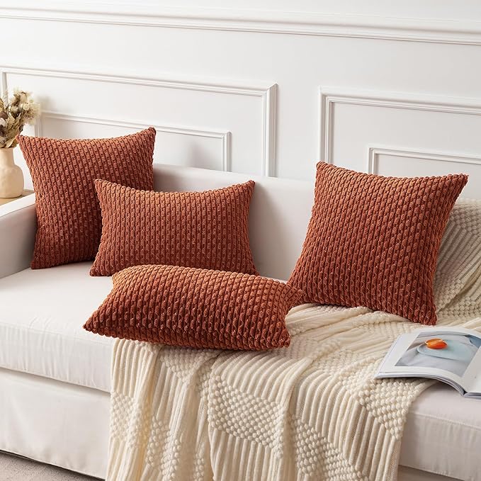 Kevin Textile Fall 12x24 Inch Pillow Cover 1 Pack Boho Decorative Soft Striped Corduroy Lumbar Farmhouse Solid Color Accent Rectangle Cushion Case for Living Room Couch Sofa Bed, Rust