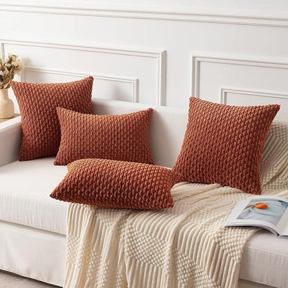 Kevin Textile Fall 12x24 Inch Pillow Cover 1 Pack Boho Decorative Soft Striped Corduroy Lumbar Farmhouse Solid Color Accent Rectangle Cushion Case for Living Room Couch Sofa Bed, Rust