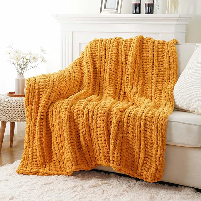 Battilo Mustard Yellow Throw Blanket for Couch, Chunky Knit Throw Blanket, 50"x60", Gold Fall Throw, Super Soft Cozy Warm Chenille Knit Blankets for Bed, Sofa, Living Room