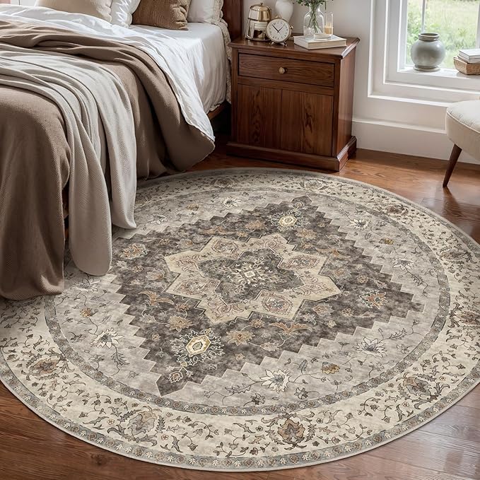 Tangsoo Vintage Round Rug 6ft, Washable Circle Rug, Non Slip Boho Round Area Rug,Low Pile Circular Rugs,Large Round Rugs Carpet for Livingroom,Bedroom,Nursery,Dorm,Office,Brown/Grey