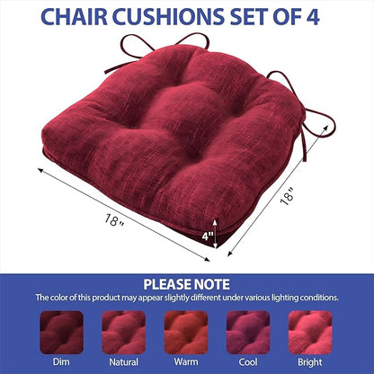 Chair Cushions for Dining Chairs Set of 4, Red Kitchen Chair Cushions, Chair Pads with Ties and Non Slip Backing, Christmas Room Decor, Tufted Memory Foam Seat Cushion 4 Pack, 15.5"x15.5"x4"