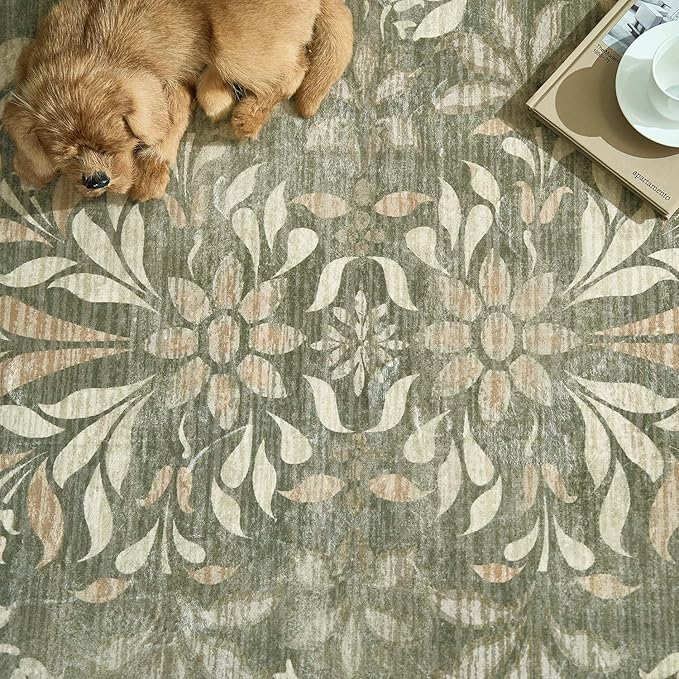 jinchan Vintage Floral Runner Rug 2x5 - Machine Washable Distressed Design Non-Slip Low-Pile Soft Thin Christmas Carpet for Hallway Kitchen Farmhouse Bedroom Entryway Laundry Room (2x5ft, Dark Green)