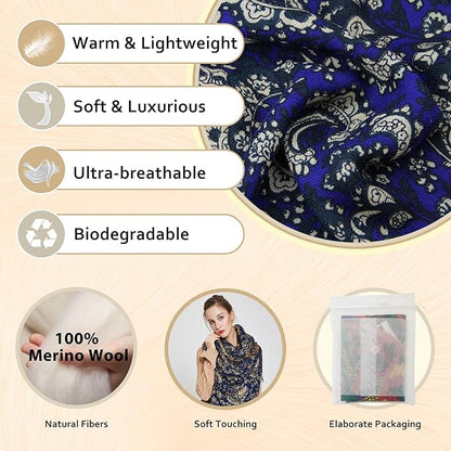 DANA XU 100% Merino Wool Pashmina Shawl for Women 96"x43", Oversized Cashmere Wrap with Tassels, Floral Travel Blanket Cape